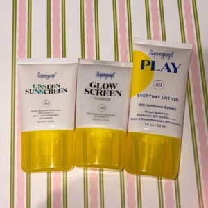 Supergoop! Glow Screen, PLAY, and Unseen sunscreen trio travel set